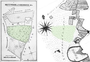 Comparision of 1818 (left) and 1736 (right) plans showing location of Hut Wood